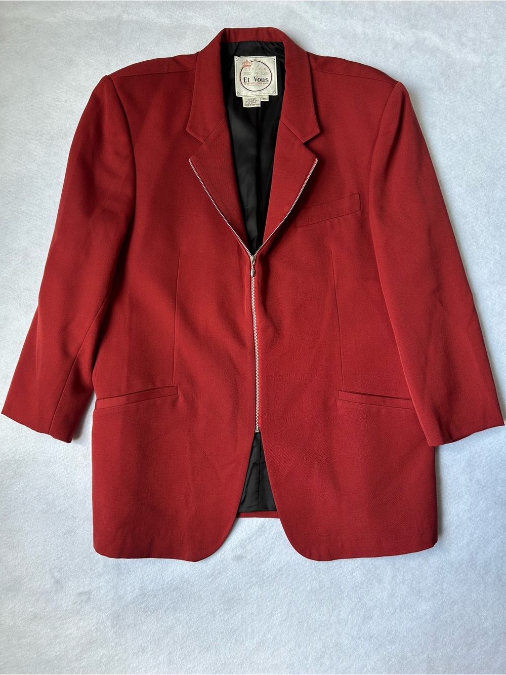 Vintage Et Vous 100% Wool Zip Front Blazer Jacket Red Unisex M Regular Fit 80s